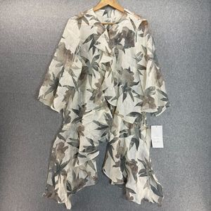 Aces Fashion NWT Women's Medium Floral Sheer Top Cream Gray Drape Asymmetrical‎